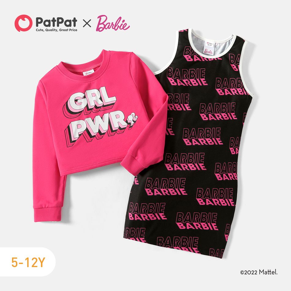 Barbie 2pcs Kid Girl Letter Print Sleeveless Dress and Cotton Sweatshirt Set Roseo