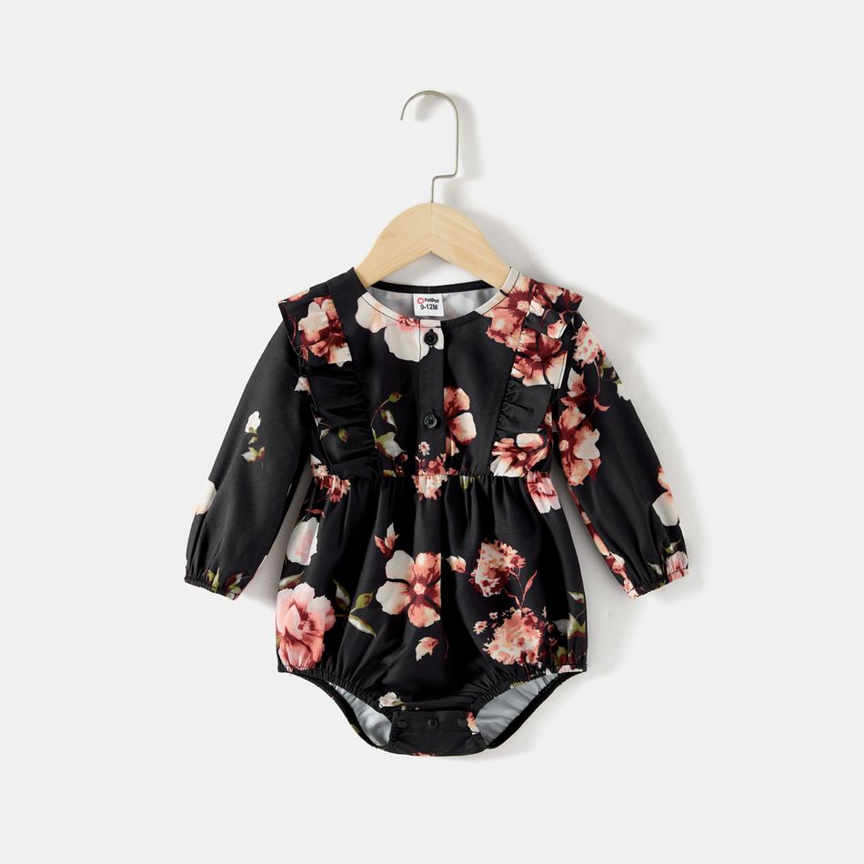 Mommy and Me Allover Floral Print Black Notch Neck Belted Long-sleeve Dresses Black big image 8
