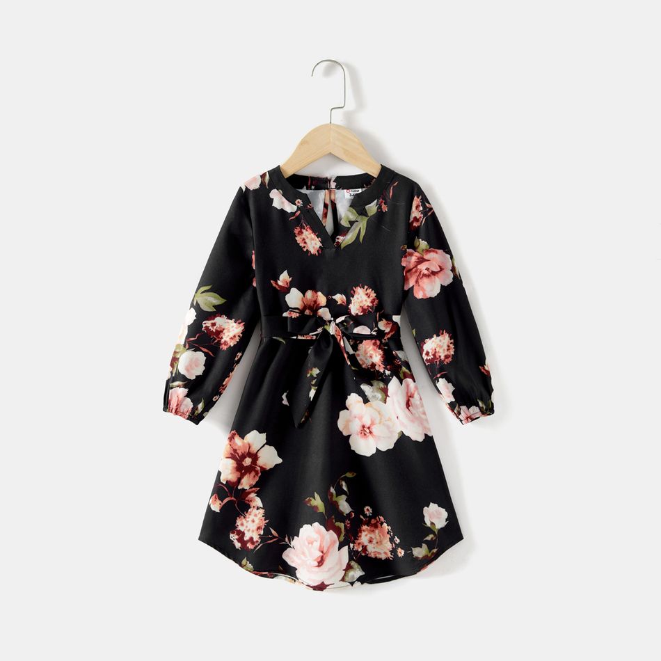 Mommy and Me Allover Floral Print Black Notch Neck Belted Long-sleeve Dresses Black big image 5