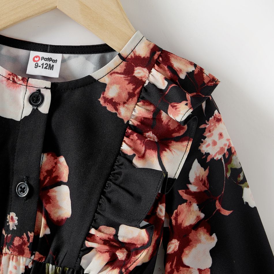 Mommy and Me Allover Floral Print Black Notch Neck Belted Long-sleeve Dresses Black big image 9