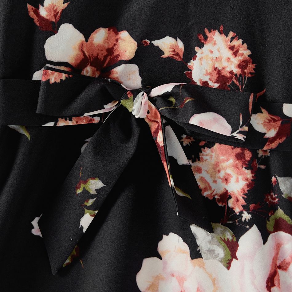 Mommy and Me Allover Floral Print Black Notch Neck Belted Long-sleeve Dresses Black big image 7