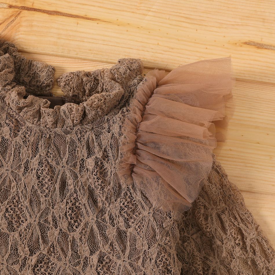Baby Girl Coffee Lace Long-sleeve Spliced Ruffle Trim Mesh Party Dress Coffee big image 3