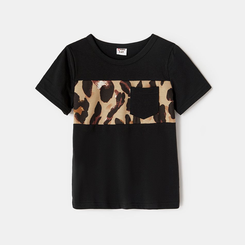 Family Matching Leopard Print Spliced Midi Dresses and Black Short-sleeve T-shirts Sets Color block big image 6