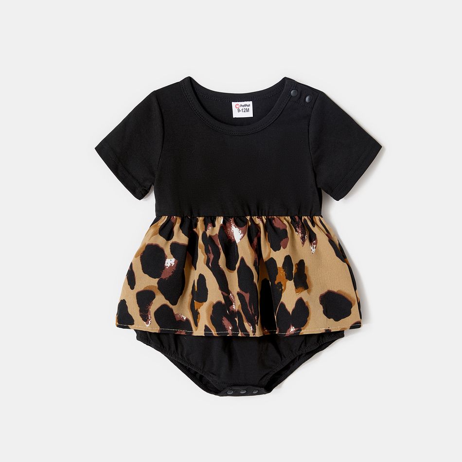 Family Matching Leopard Print Spliced Midi Dresses and Black Short-sleeve T-shirts Sets Color block big image 7