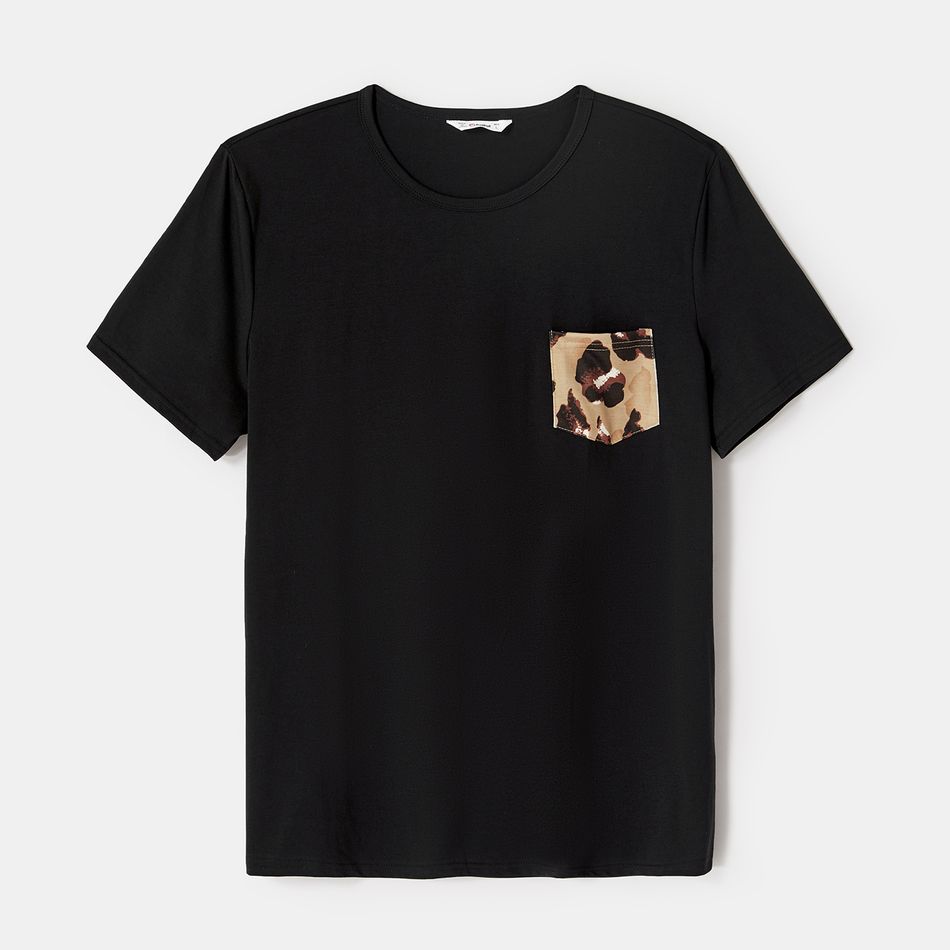 Family Matching Leopard Print Spliced Midi Dresses and Black Short-sleeve T-shirts Sets Color block big image 9