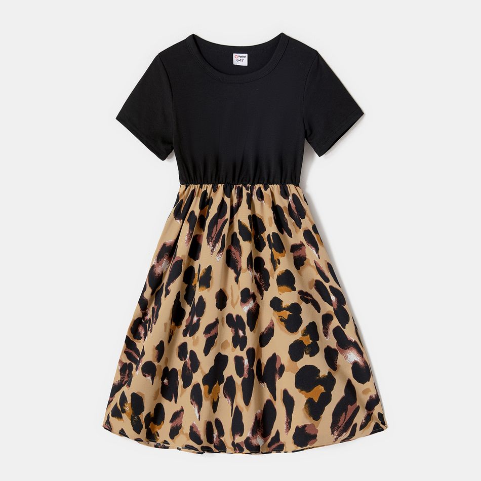 Family Matching Leopard Print Spliced Midi Dresses and Black Short-sleeve T-shirts Sets Color block big image 4