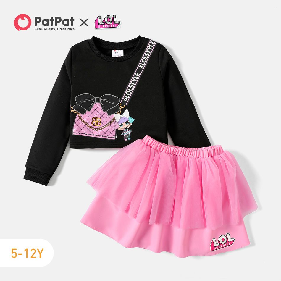 L.O.L. SURPRISE! 2pcs Kid Girl Bag Print Black Sweatshirt and Mesh Skirt Set Black