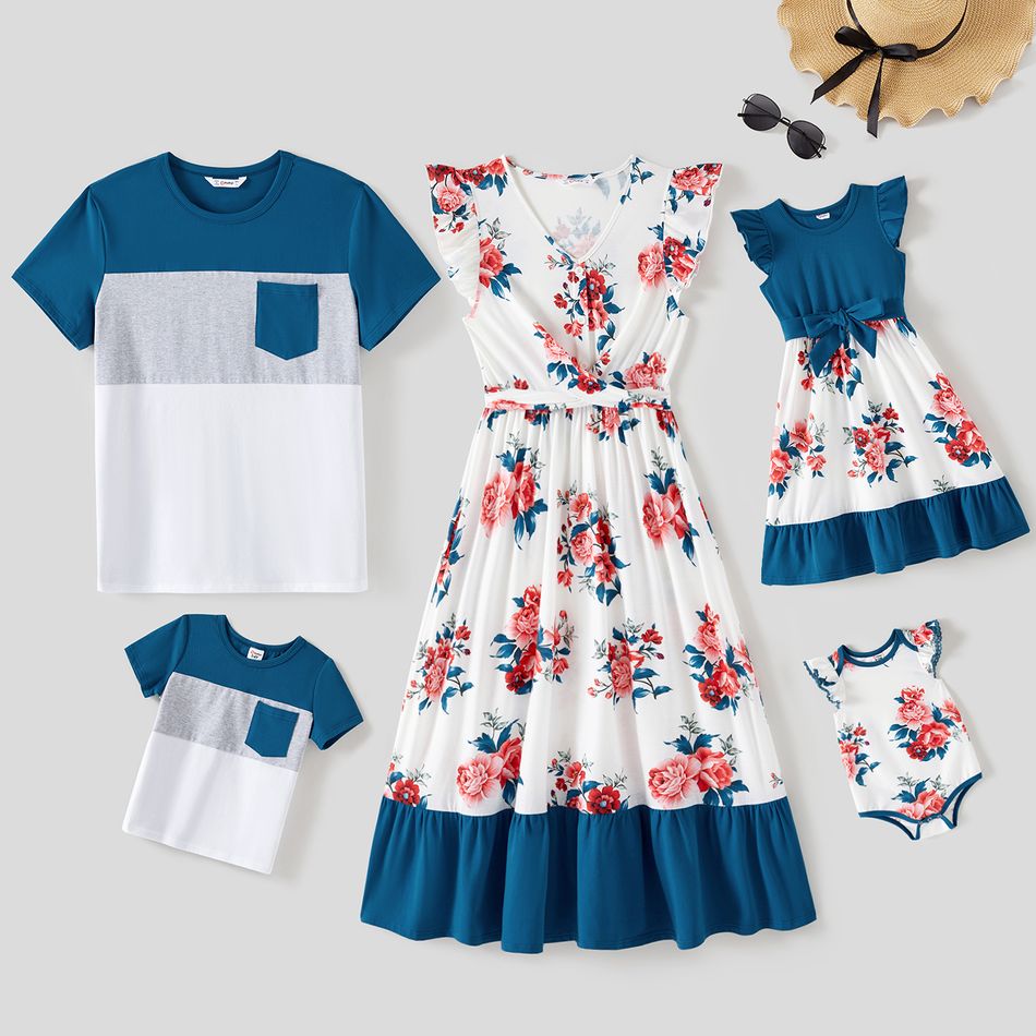 Family Matching Cotton Short-sleeve Colorblock T-shirts and Floral Print Flutter-sleeve Ruffle Hem Dresses Sets Peacockblue big image 1