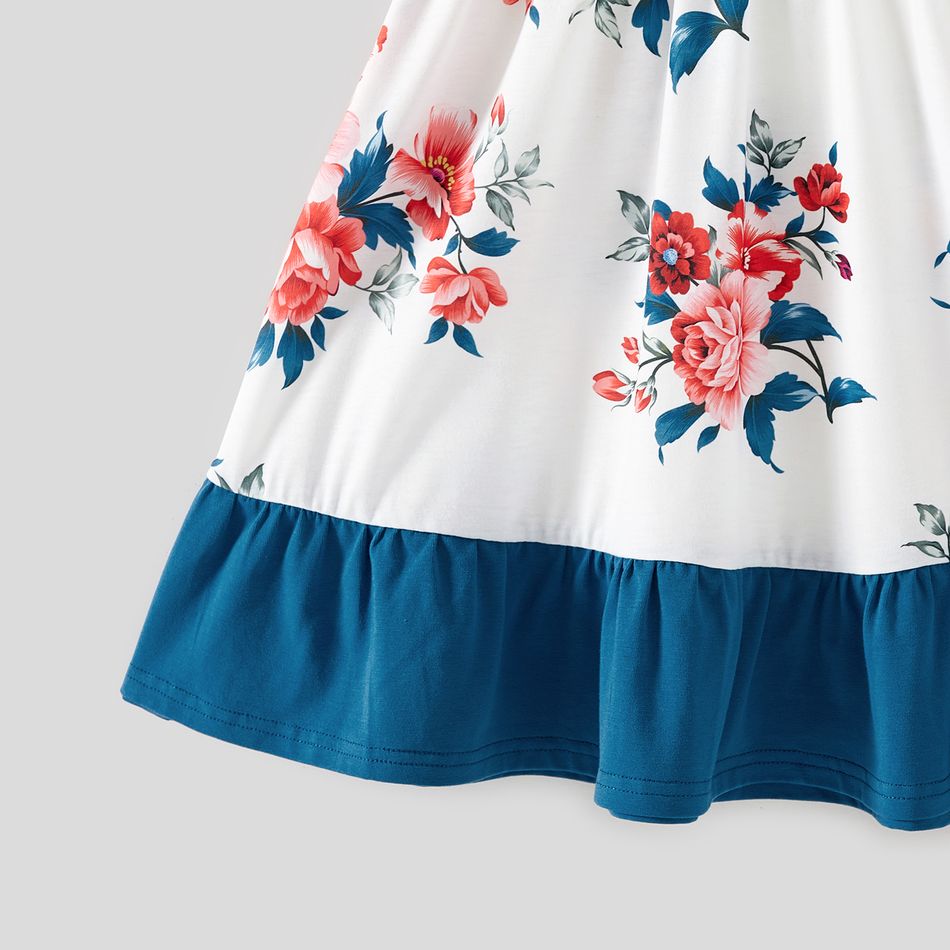 Family Matching Cotton Short-sleeve Colorblock T-shirts and Floral Print Flutter-sleeve Ruffle Hem Dresses Sets Peacockblue big image 9