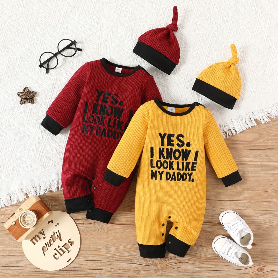 2pcs Baby Boy/Girl Letter Embroidered Long-sleeve Knitted Jumpsuit with Hat Set Yellow big image 6