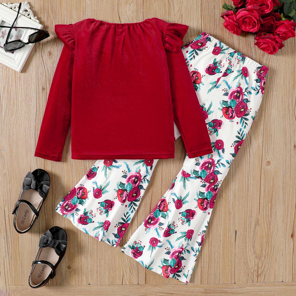 2pcs Kid Girl Ruffled Velvet Tee and Floral Print Flared Pants Set Multi-color