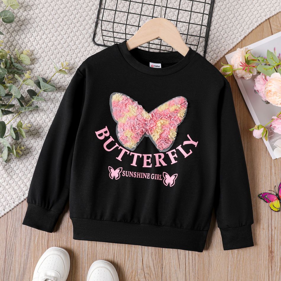 Kid Girl 3D Butterfly Design Letter Print Pullover Sweatshirt Black big image 1