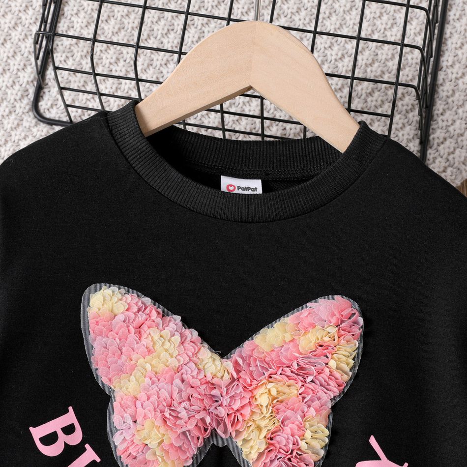 Kid Girl 3D Butterfly Design Letter Print Pullover Sweatshirt Black big image 4