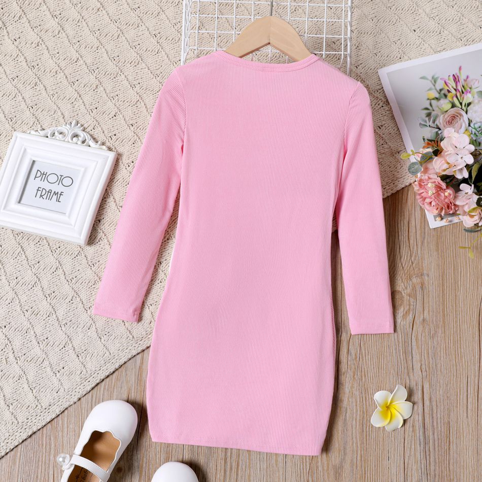 Kid Girl Butterfly Print/ Ribbed Twist Knot Long-sleeve Dress Pink