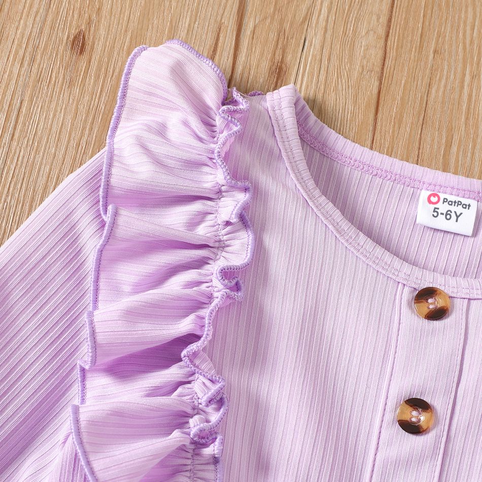 Kid Girl 3D Bowknot Design Floral Print Ruffled Splice Long-sleeve Dress Purple big image 4