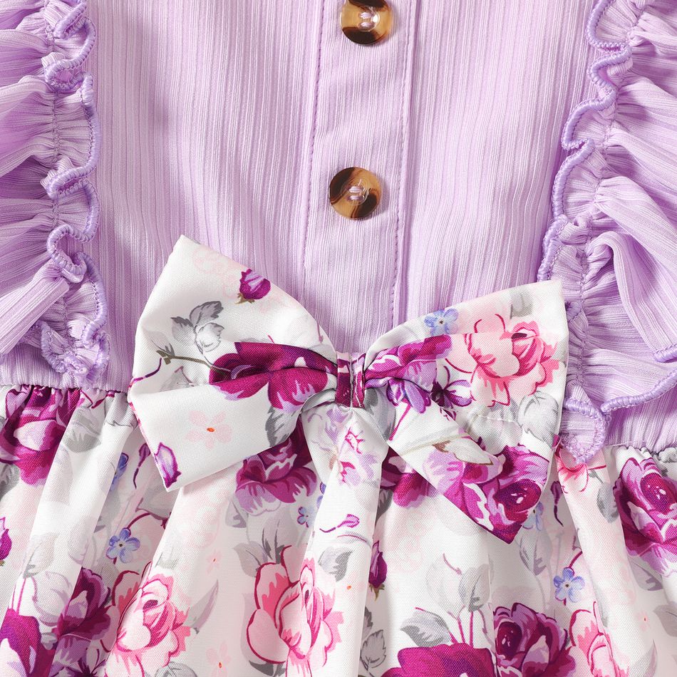 Kid Girl 3D Bowknot Design Floral Print Ruffled Splice Long-sleeve Dress Purple big image 5