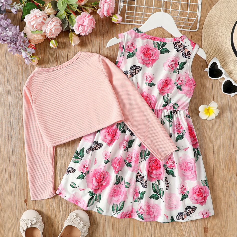 2pcs Kid Girl Floral Print Sleeveless Dress and Bowknot Design Cardigan Set Pink big image 5