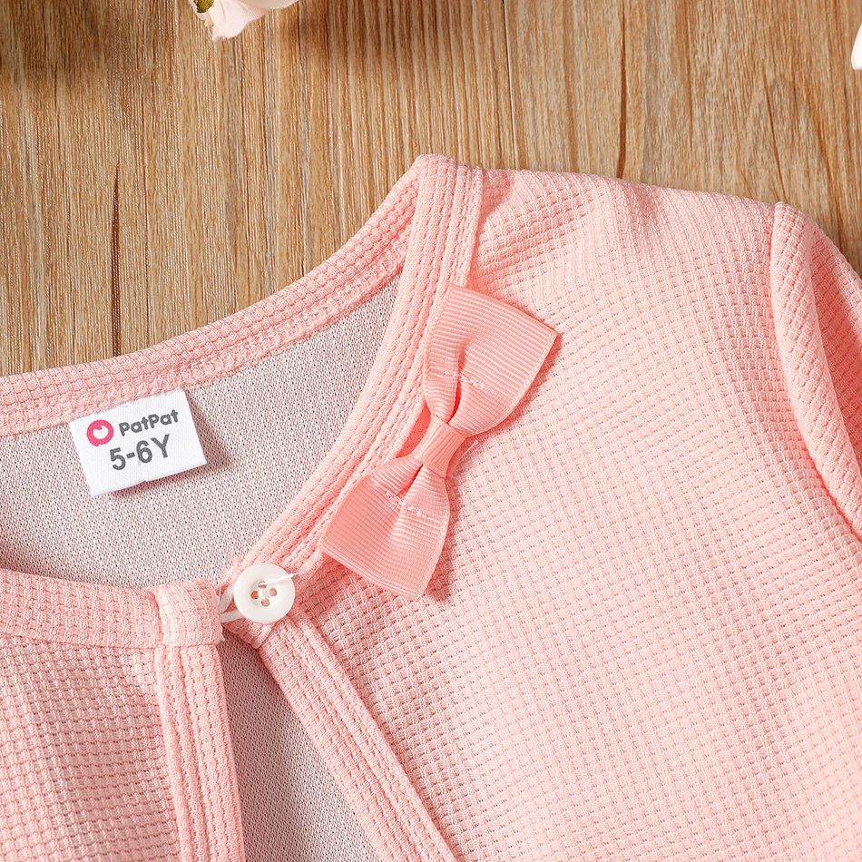 2pcs Kid Girl Floral Print Sleeveless Dress and Bowknot Design Cardigan Set Pink big image 2