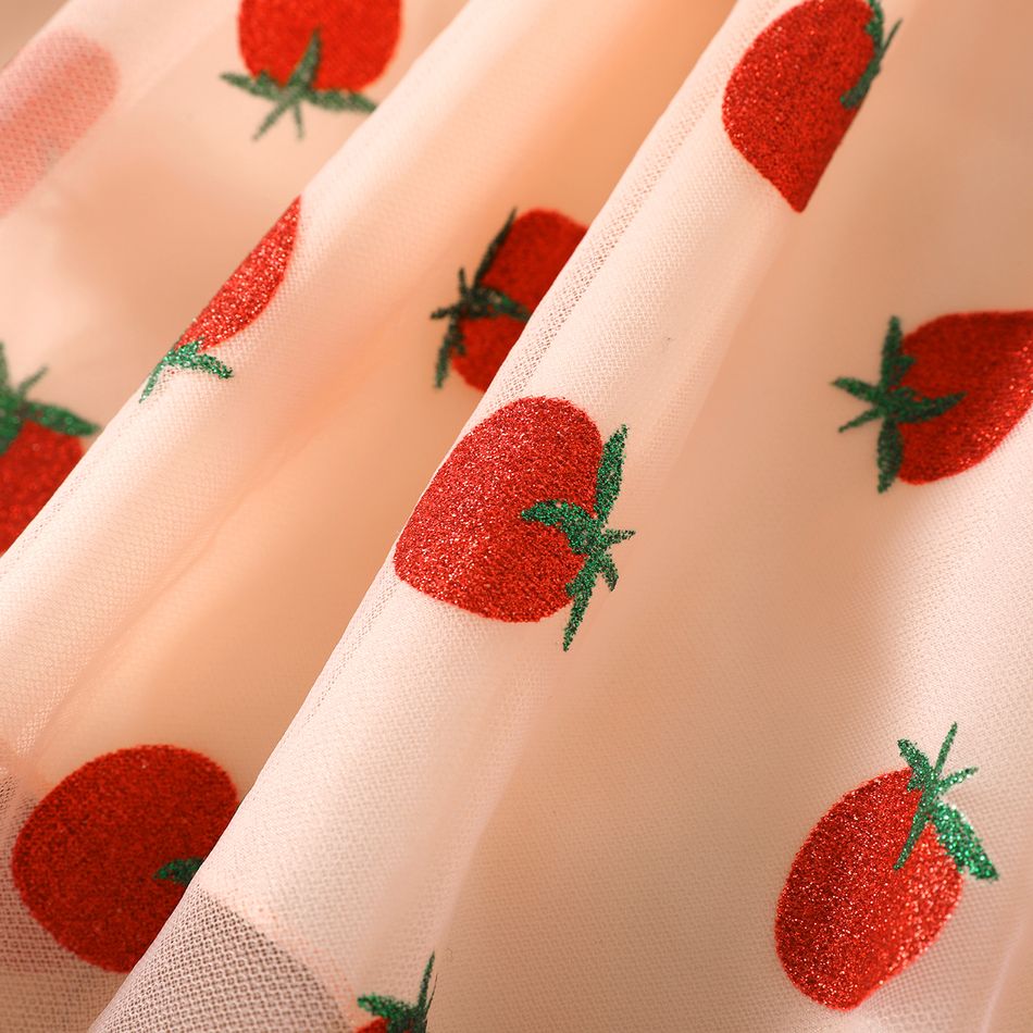 Kid Girl Strawberry Embroidered Sequined Mock Neck Mesh Splice Long-sleeve Dress Pink big image 5