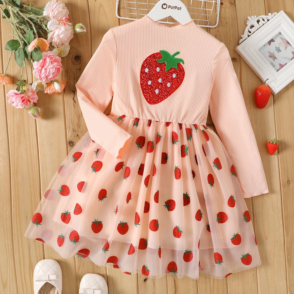 Kid Girl Strawberry Embroidered Sequined Mock Neck Mesh Splice Long-sleeve Dress Pink big image 1