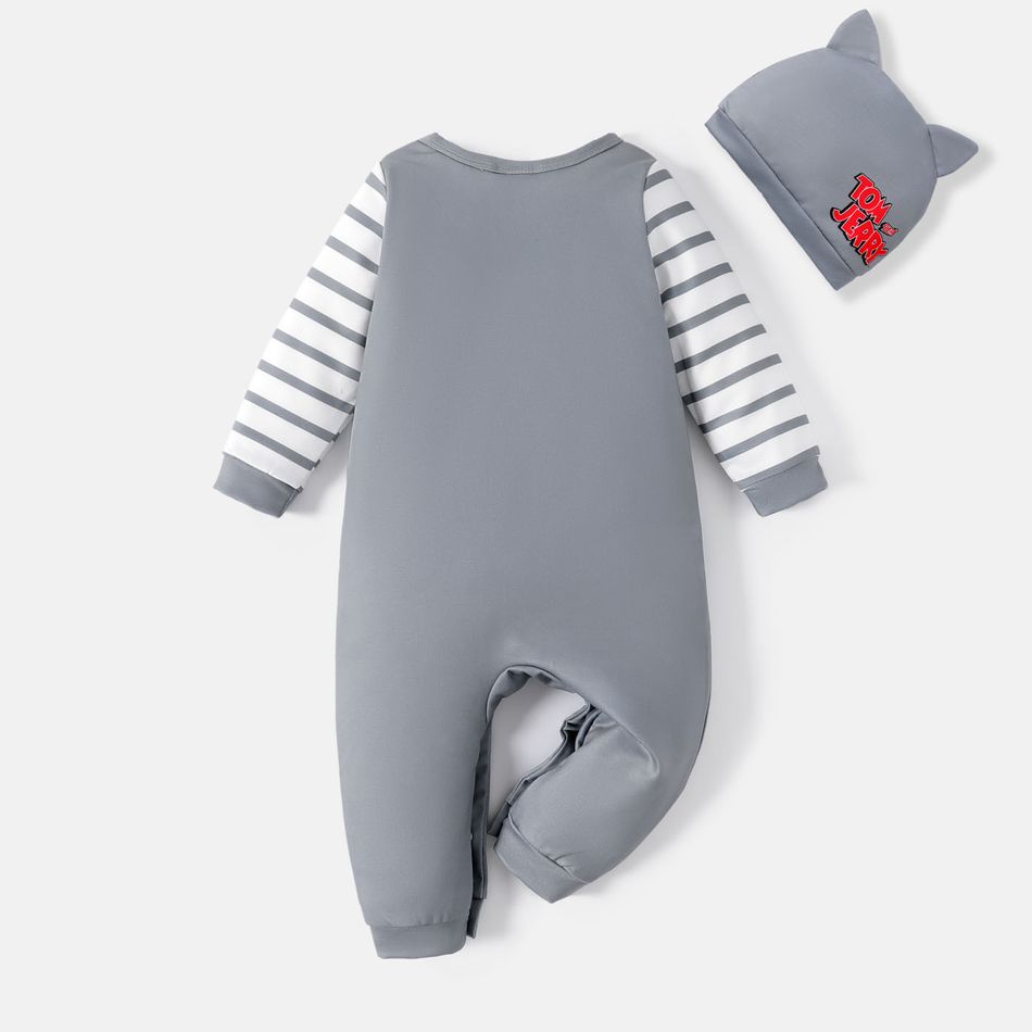 Tom and Jerry 2pcs Baby Boy/Girl Striped Long-sleeve Graphic Jumpsuit with Hat Set Grey big image 3