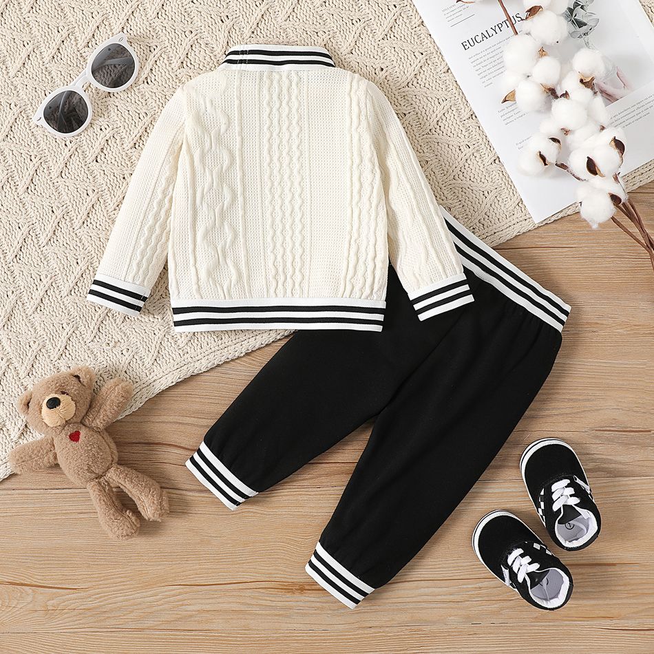 2pcs Baby Boy Bear Embroidered Striped Mock Neck Long-sleeve Cable Knit Sweater and Sweatpants Set OffWhite big image 2