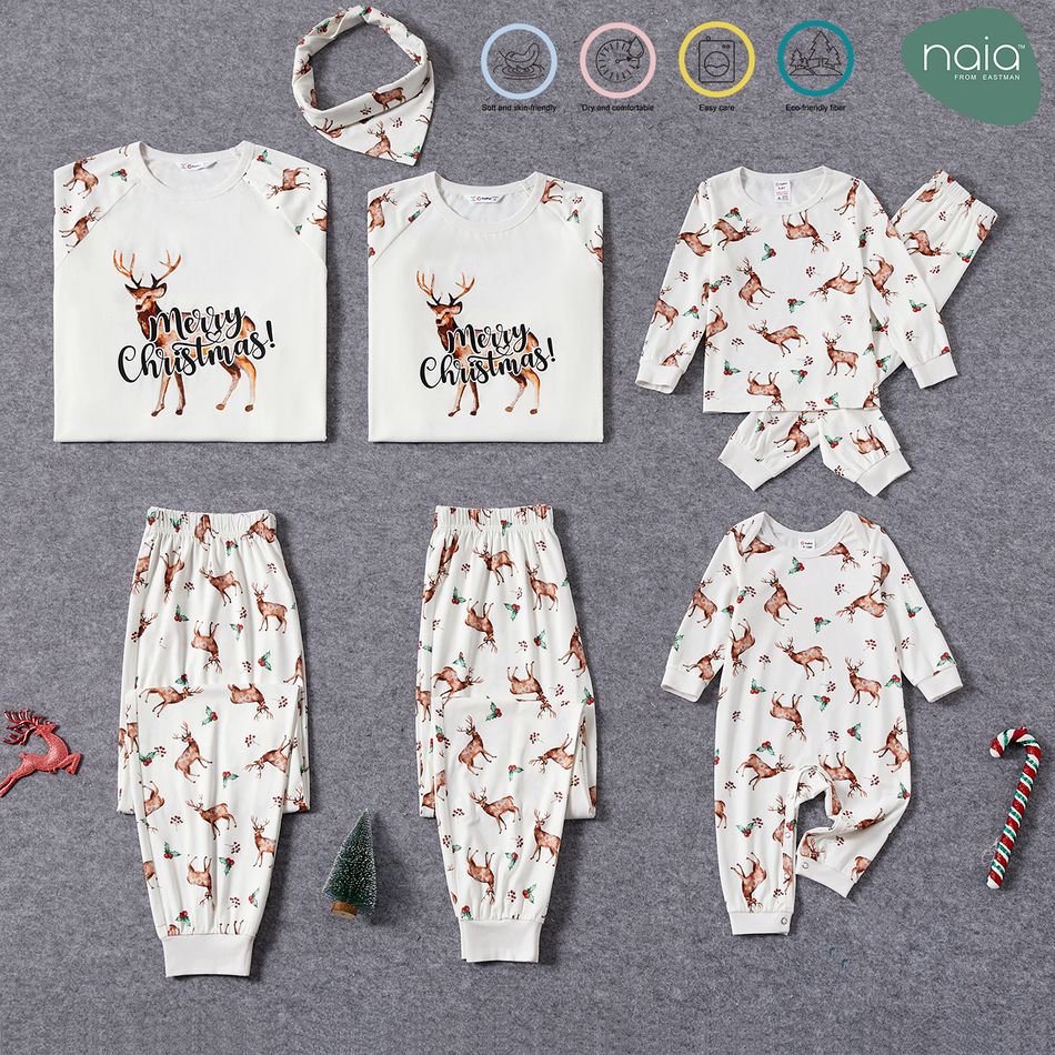 Christmas Family Matching Reindeer & Letter Print Long-sleeve Naia Pajamas Sets (Flame Resistant) White big image 1