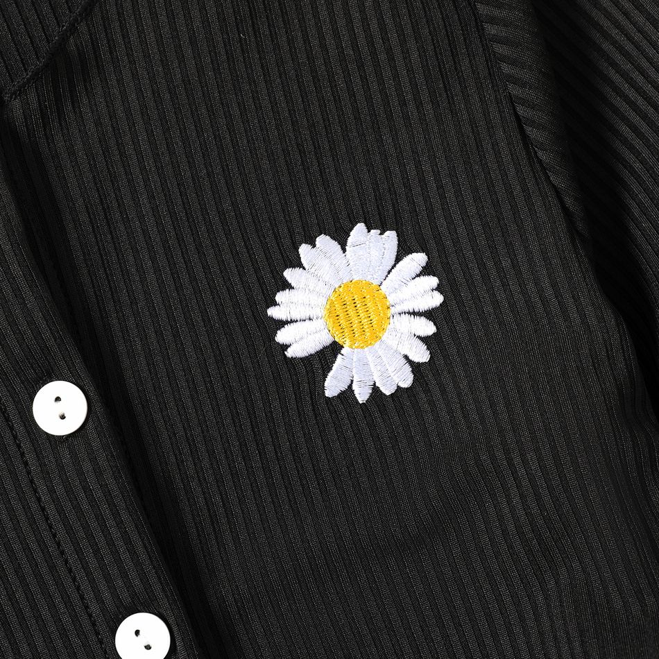 2pcs Kid Girl Floral Print Mesh Splice Slip Dress and Ribbed Jacket Set Black big image 5
