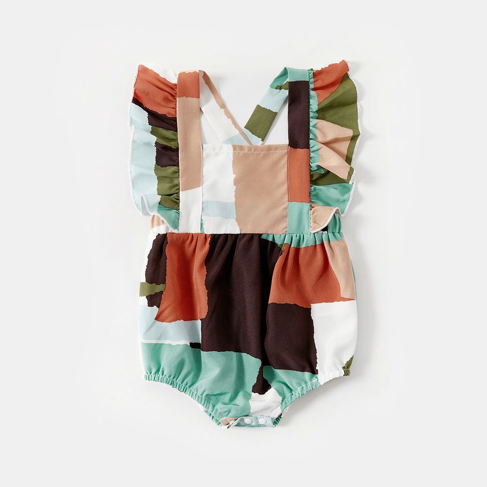Mommy and Me Solid Ribbed Spliced Geo Print Belted Tank Romper Multi-color big image 7