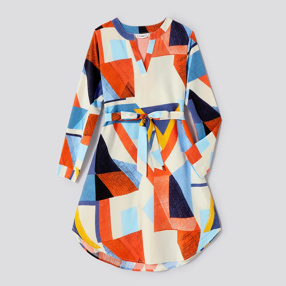 Family Matching Geo Print Notch Neck Belted Dresses and Long-sleeve Colorblock T-shirts Sets Colorful big image 2