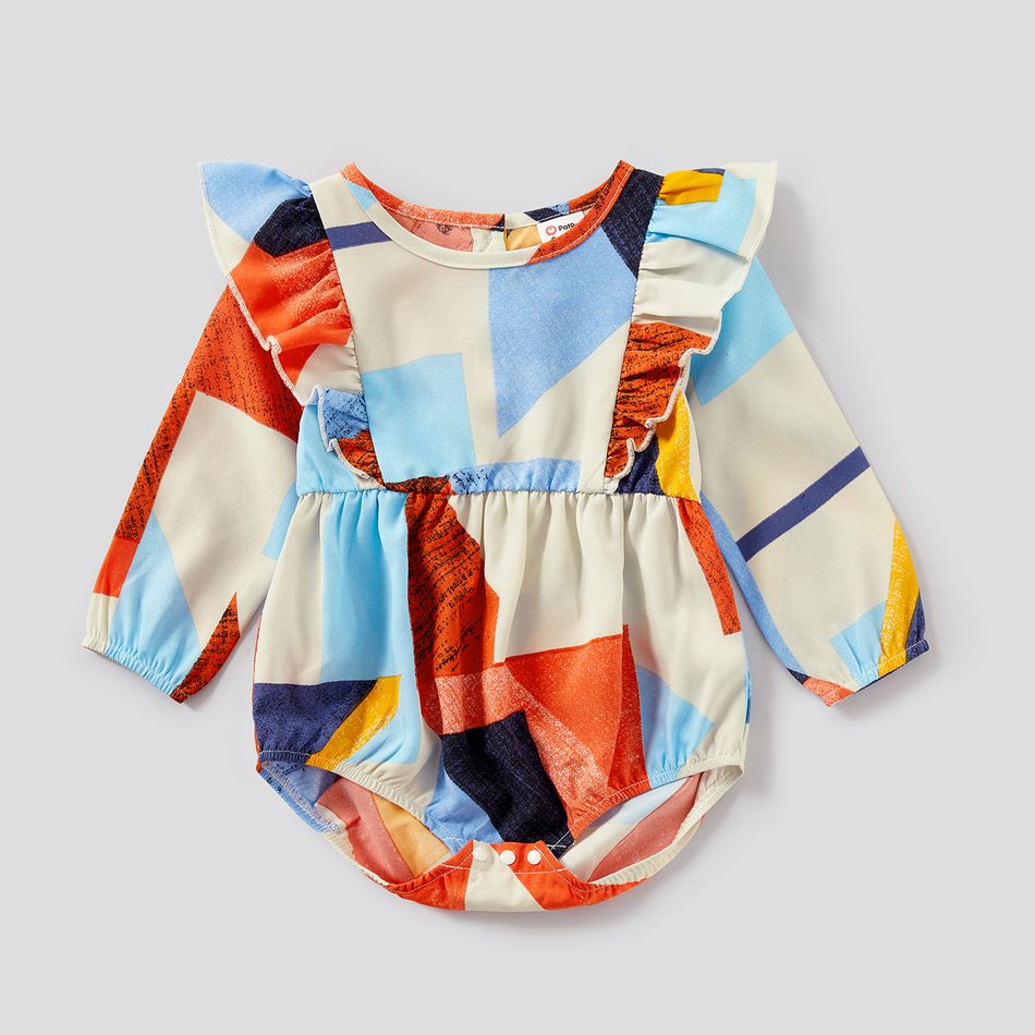 Family Matching Geo Print Notch Neck Belted Dresses and Long-sleeve Colorblock T-shirts Sets Colorful big image 8