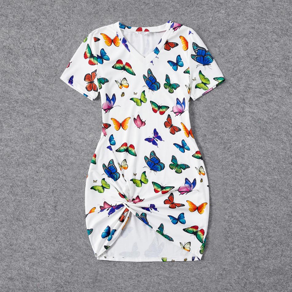 Family Matching Allover Butterfly Print Twist Knot Bodycon Dresses and Short-sleeve T-shirts Sets Multi-color big image 2