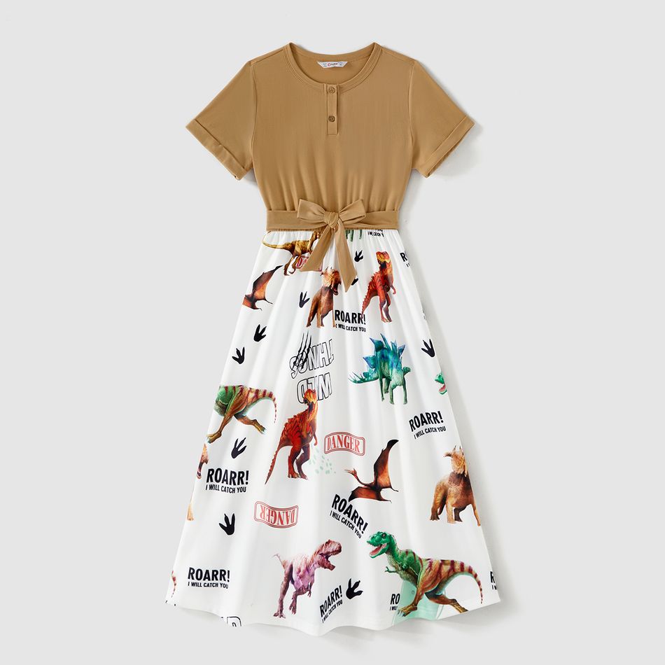 Family Matching Cotton Short-sleeve Button Front Colorblock T-shirts and Dinosaur & Letter Print Spliced Dresses Sets ColorBlock big image 2