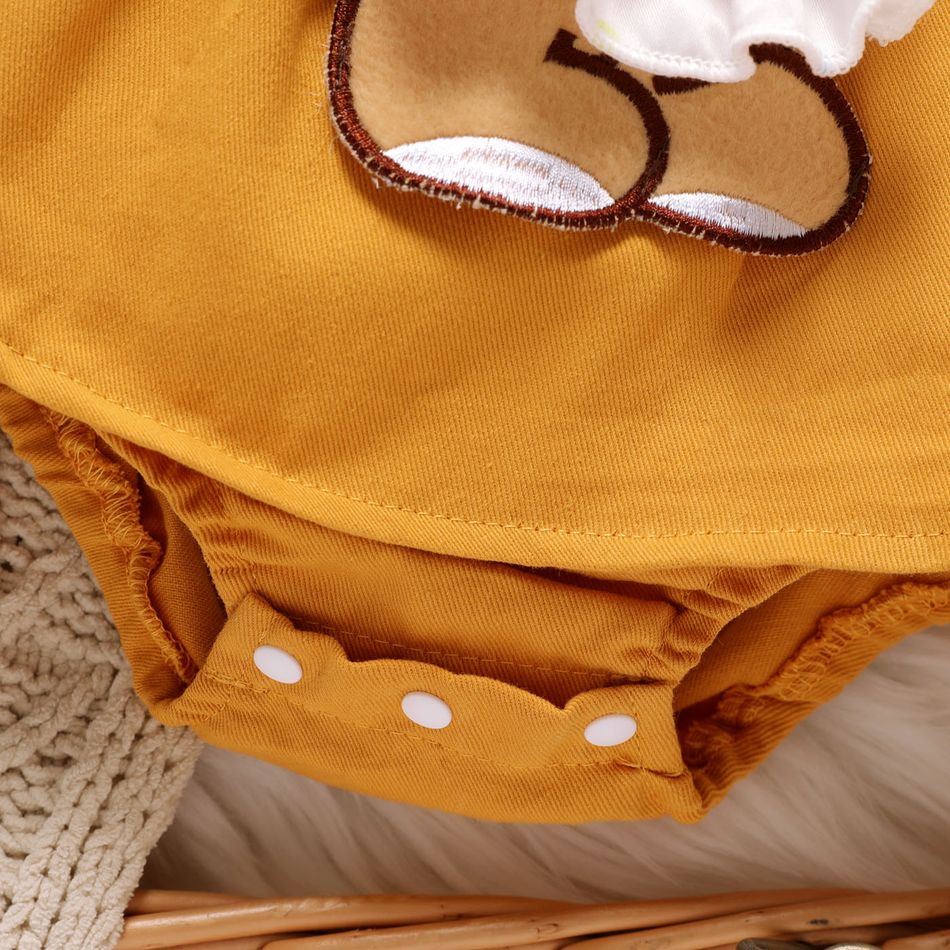 2pcs Baby Girl 100% Cotton Bear Graphic Ruffle Trim Long-sleeve Faux-two Romper & Headband Set Ginger big image 5