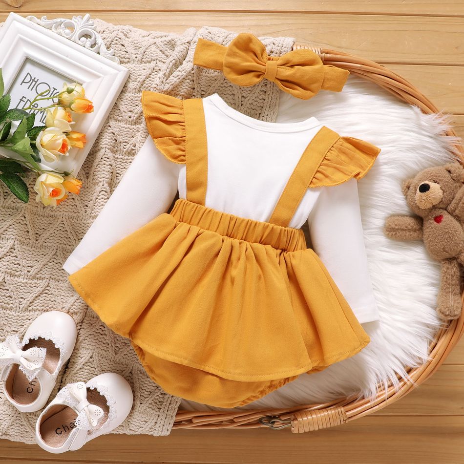 2pcs Baby Girl 100% Cotton Bear Graphic Ruffle Trim Long-sleeve Faux-two Romper & Headband Set Ginger big image 2