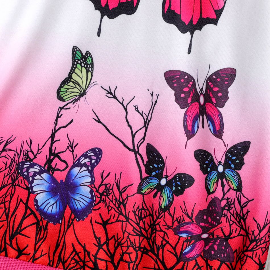 Kid Girl Butterfly Print Colorblock Hooded Sweatshirt Dress Pink big image 4