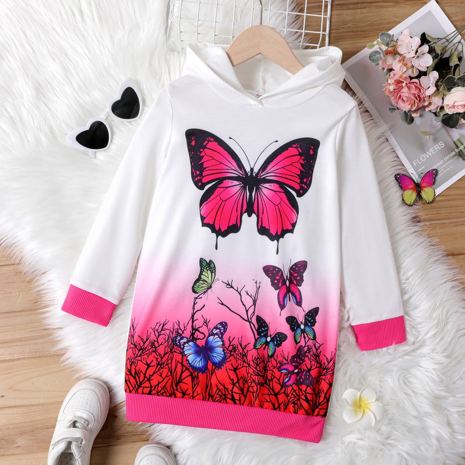 Kid Girl Butterfly Print Colorblock Hooded Sweatshirt Dress Pink