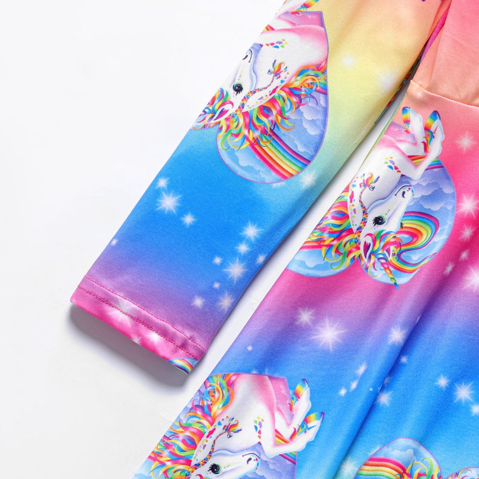 Kid Girl Unicorn Rainbow Print Long-sleeve Dress Multi-color big image 4