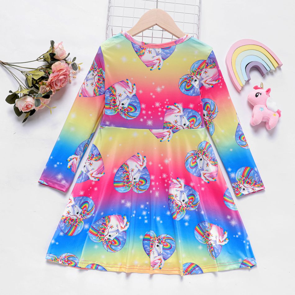 Kid Girl Unicorn Rainbow Print Long-sleeve Dress Multi-color big image 2