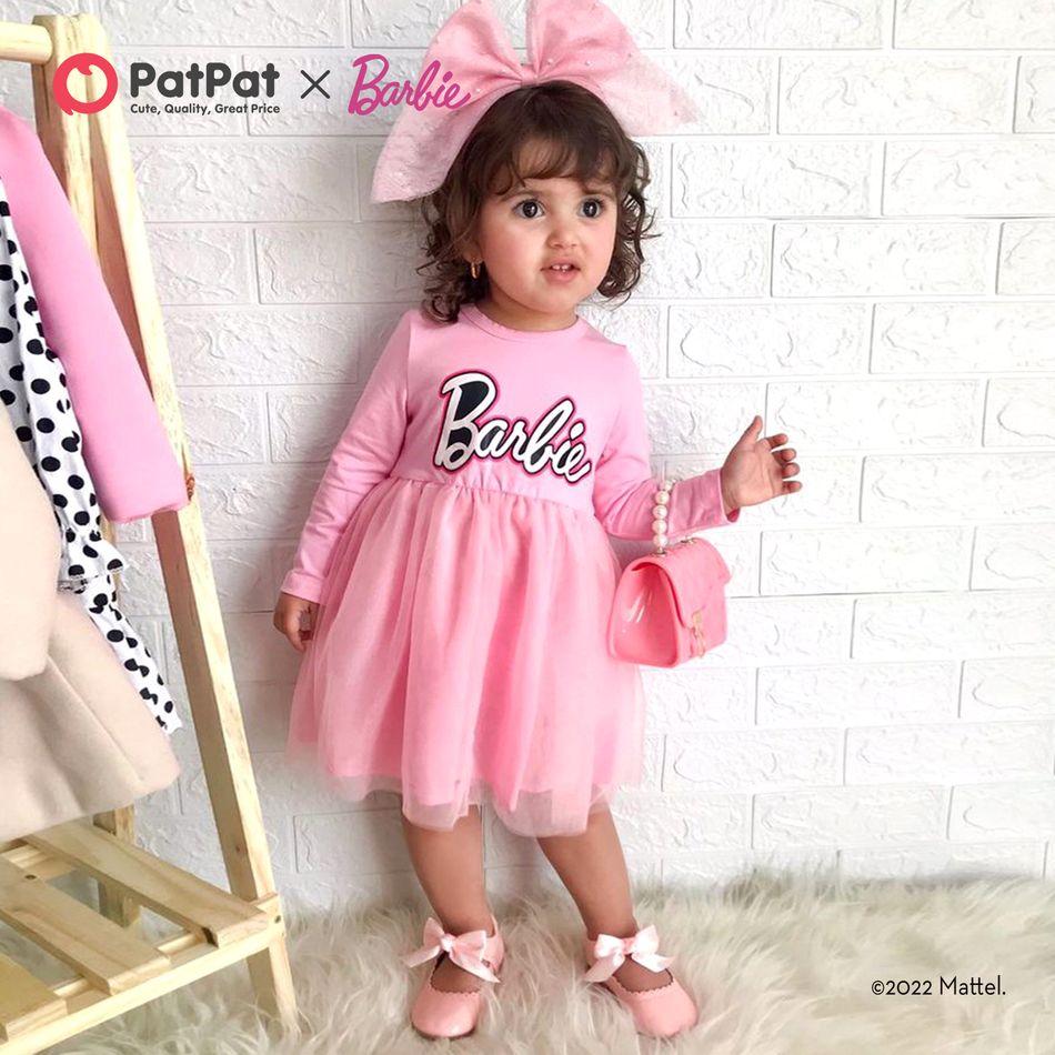 Barbie Toddler Girl Letter Print Cotton Mesh Splice Long-sleeve Pink Dress Pink big image 1