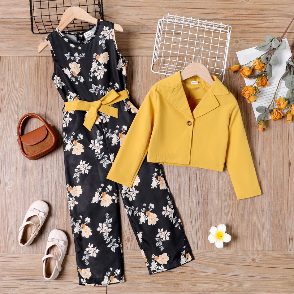 2pcs Kid Girl Floral Print Sleeveless Belted Jumpsuits and Lapel Collar Jacket Set Ginger big image 1
