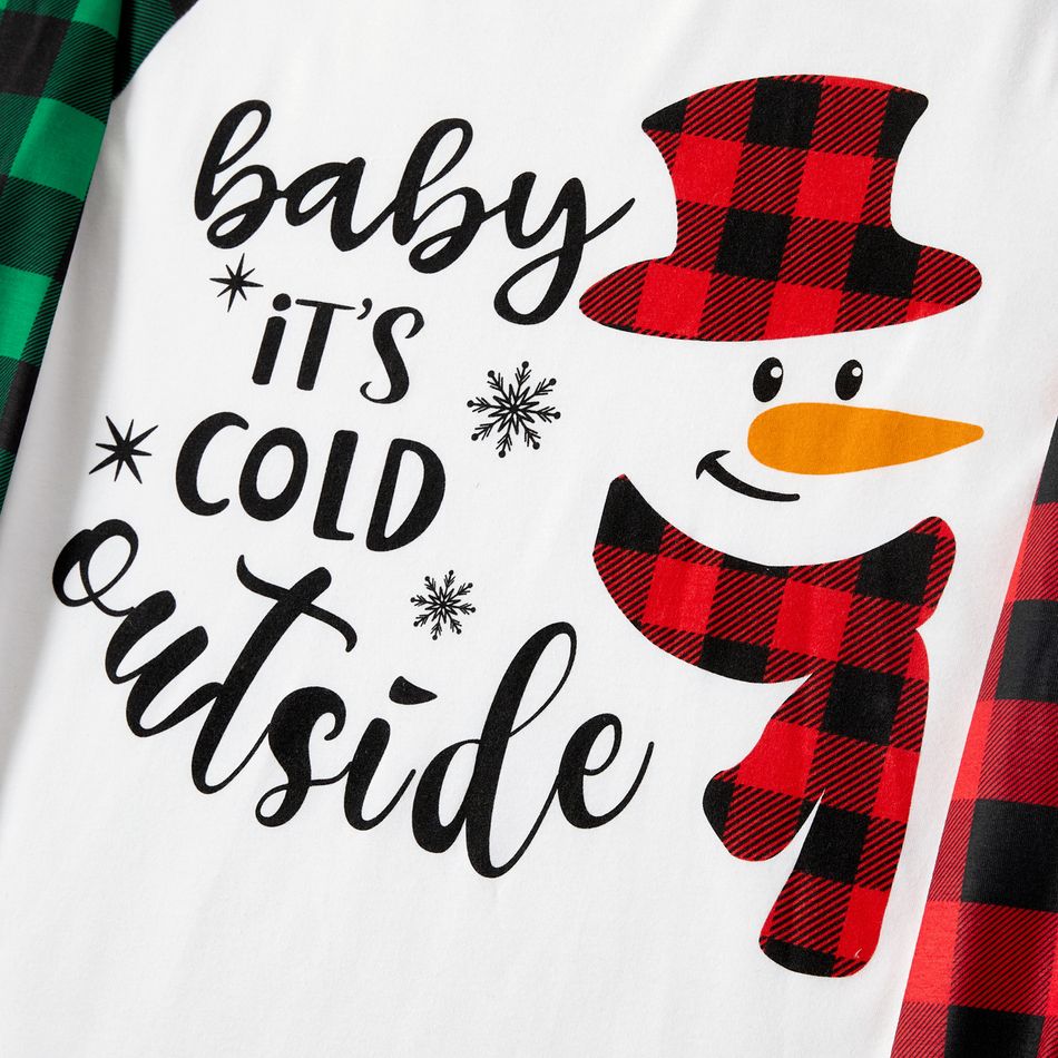 Christmas Family Matching Snowman & Letter Print Green and Red Plaid Raglan-sleeve Pajamas Sets (Flame Resistant) redblack