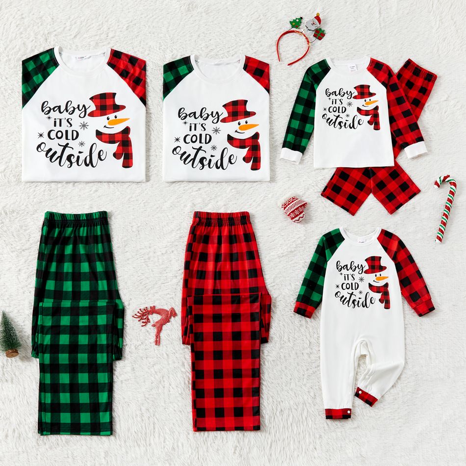 Christmas Family Matching Snowman & Letter Print Green and Red Plaid Raglan-sleeve Pajamas Sets (Flame Resistant) redblack big image 2