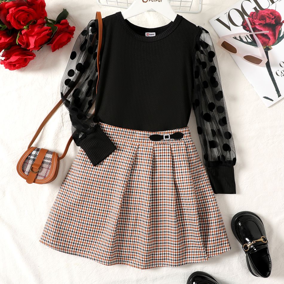 2pcs Kid Girl Polka dots Mesh Sleeve Tee and Plaid Pleated Skirt Set Black big image 1