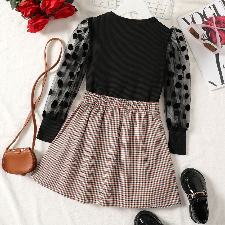 2pcs Kid Girl Polka dots Mesh Sleeve Tee and Plaid Pleated Skirt Set Black big image 2