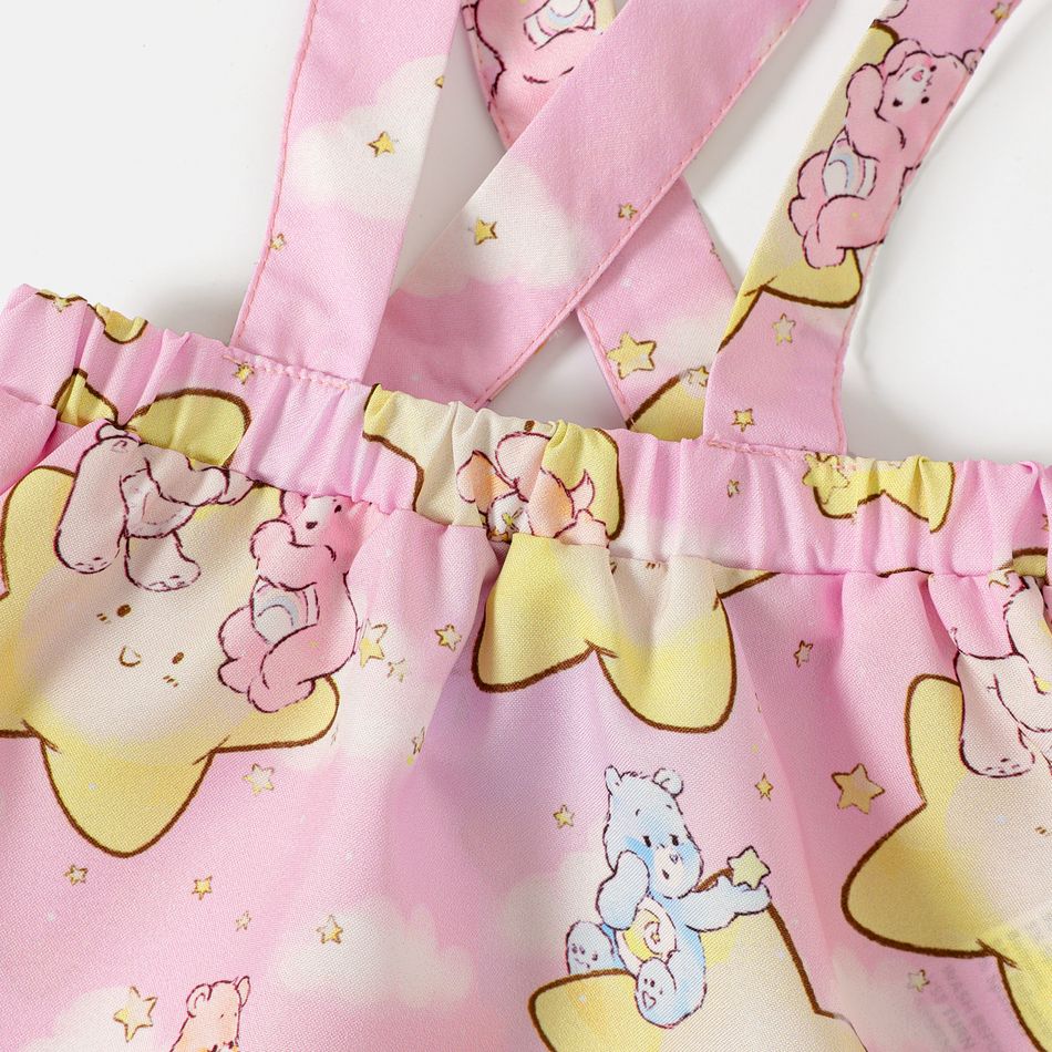 Care Bears 2pcs Baby Girl 95% Cotton Puff-sleeve Tee and Allover Star Print Suspender Skirt Set Pink big image 7