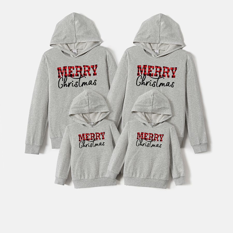 Go-Neat Water Repellent and Stain Resistant Family Matching Plaid Letter Print Grey Long-sleeve Hoodies Light Grey big image 2