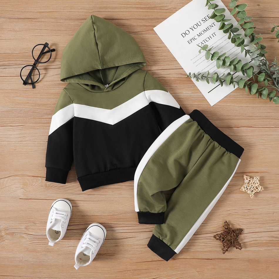 2pcs Baby Boy Long-sleeve Colorblock Spliced Hoodie & Sweatpants Set Army green