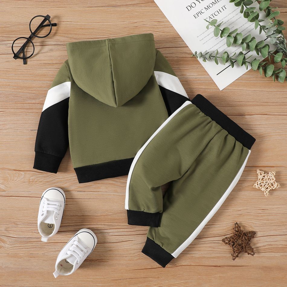 2pcs Baby Boy Long-sleeve Colorblock Spliced Hoodie & Sweatpants Set Army green big image 2