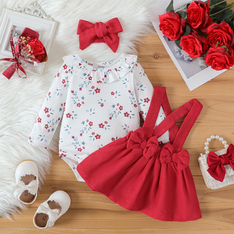 3pcs Baby Girl Allover Floral Print Ruffle Collar Long-sleeve Romper and Red Corduroy Bow Front Suspender Skirt with Headband Set Red big image 3